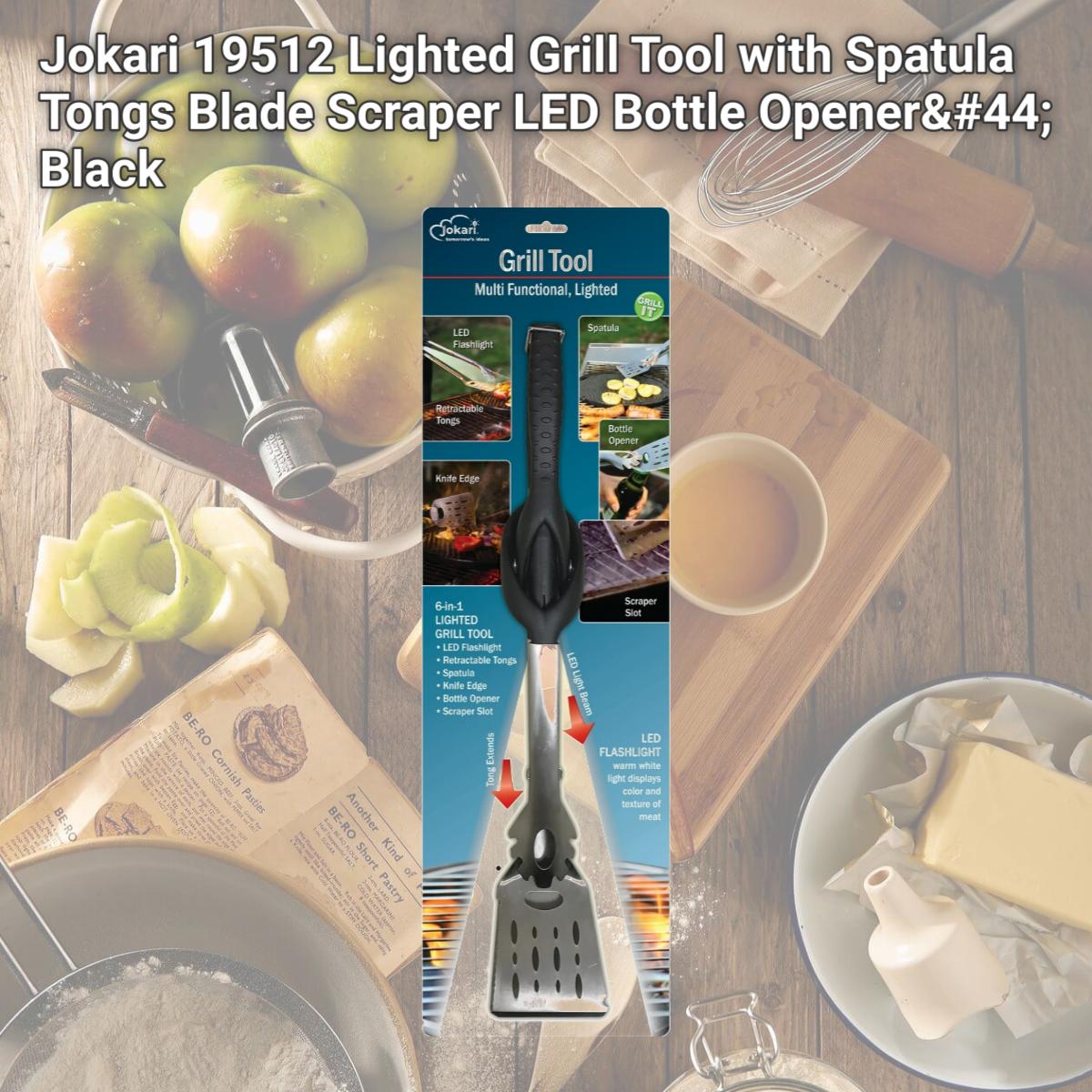 Picture of Jokari 19512 Lighted Grill Tool with Spatula Tongs Blade Scraper LED Bottle Opener, Black