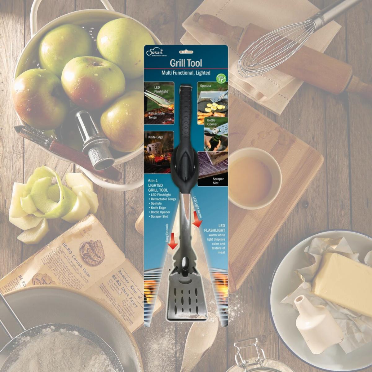 Picture of Jokari 19512 Lighted Grill Tool with Spatula Tongs Blade Scraper LED Bottle Opener, Black
