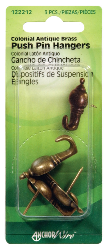 53169 Colonial Push Pin Hanger Antique Brass - Card Of 3- Pack Of 10