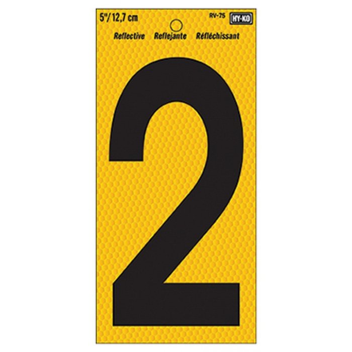 Hy-ko Products Rv-75-2 5 In. Black On Yellow Reflective House Number 2