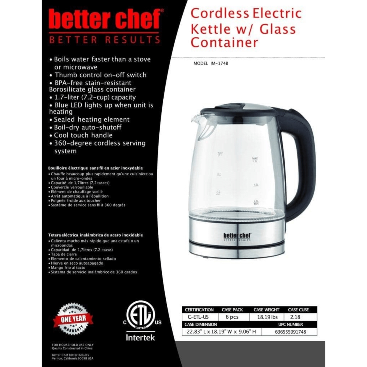 Picture of Better Chef IM-174B-CP Better Chef 1100W 7-Cup Cordless Electric Borosilicate Glass Kettle with Stainless Steel Accents