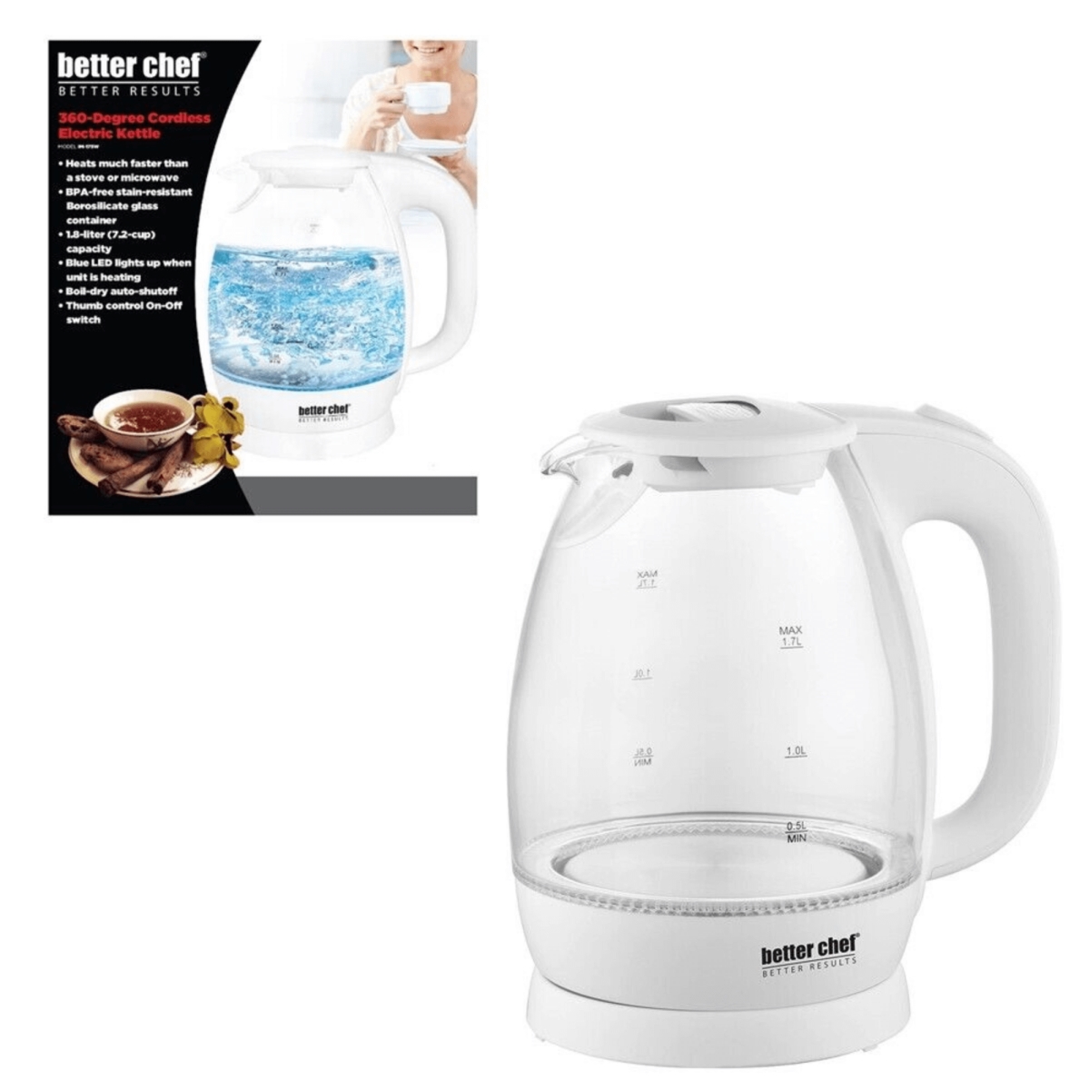 Picture of Better Chef IM-175W-KET-CP Better Chef 7-Cup Cordless Electric Borosilicate Glass Kettle with LED Light - White