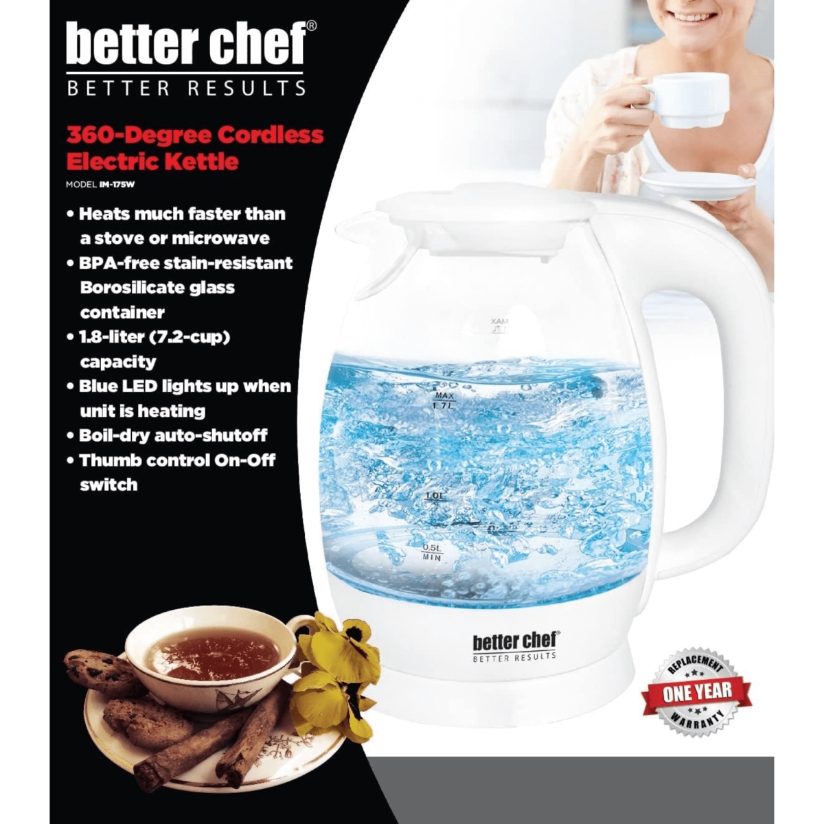 Picture of Better Chef IM-175W-KET-CP Better Chef 7-Cup Cordless Electric Borosilicate Glass Kettle with LED Light - White
