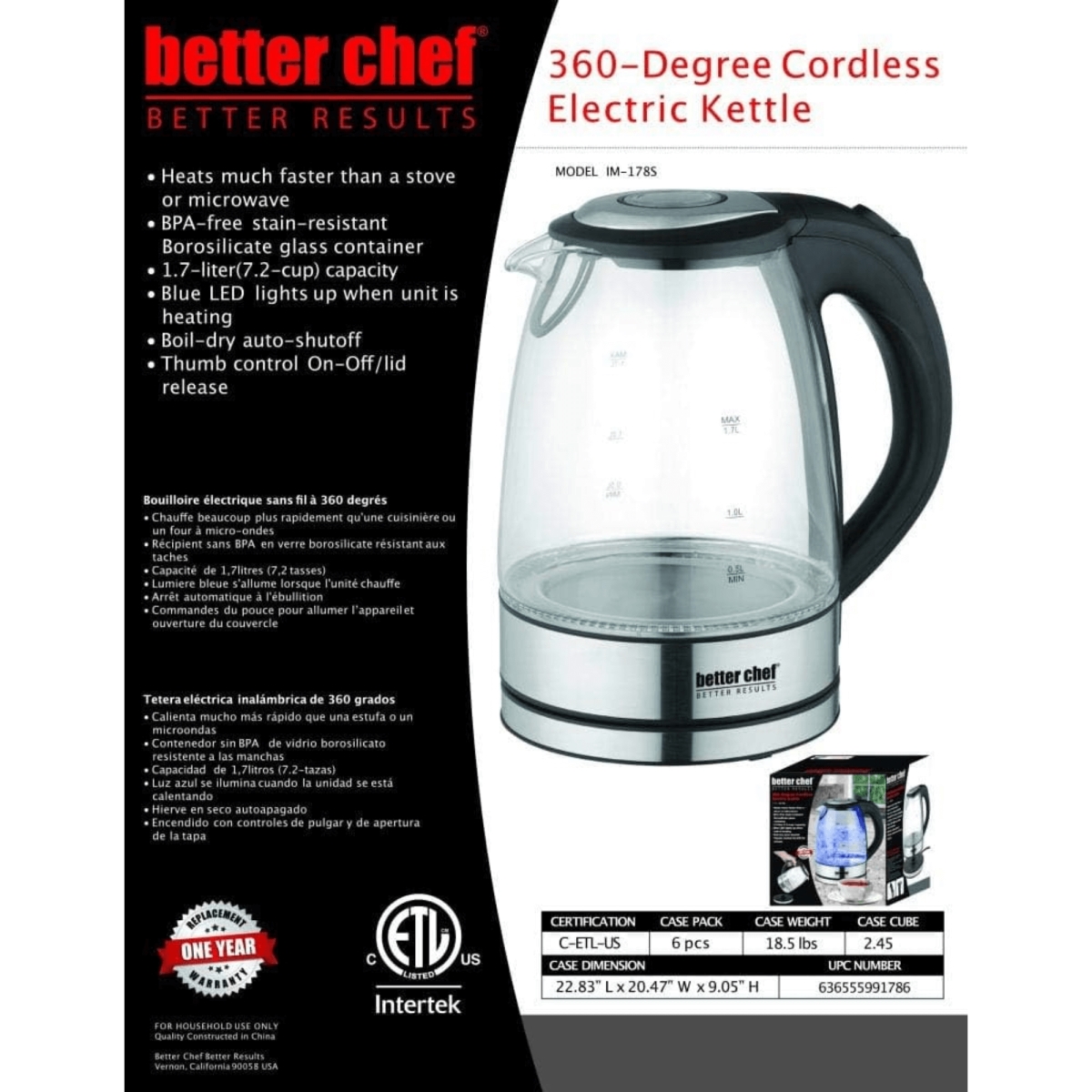 Picture of Better Chef IM-178S-CP Better Chef 1500W 7-Cup Cordless Electric Borosilicate Glass Kettle with 360 Degree Swivel Base
