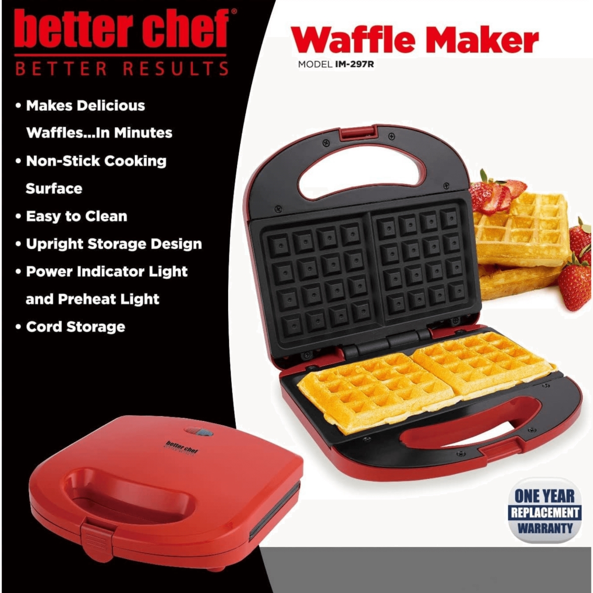 Picture of Better Chef IM-297R-WAFF-CP Better Chef Non-Stick Electric Waffle Maker - Red