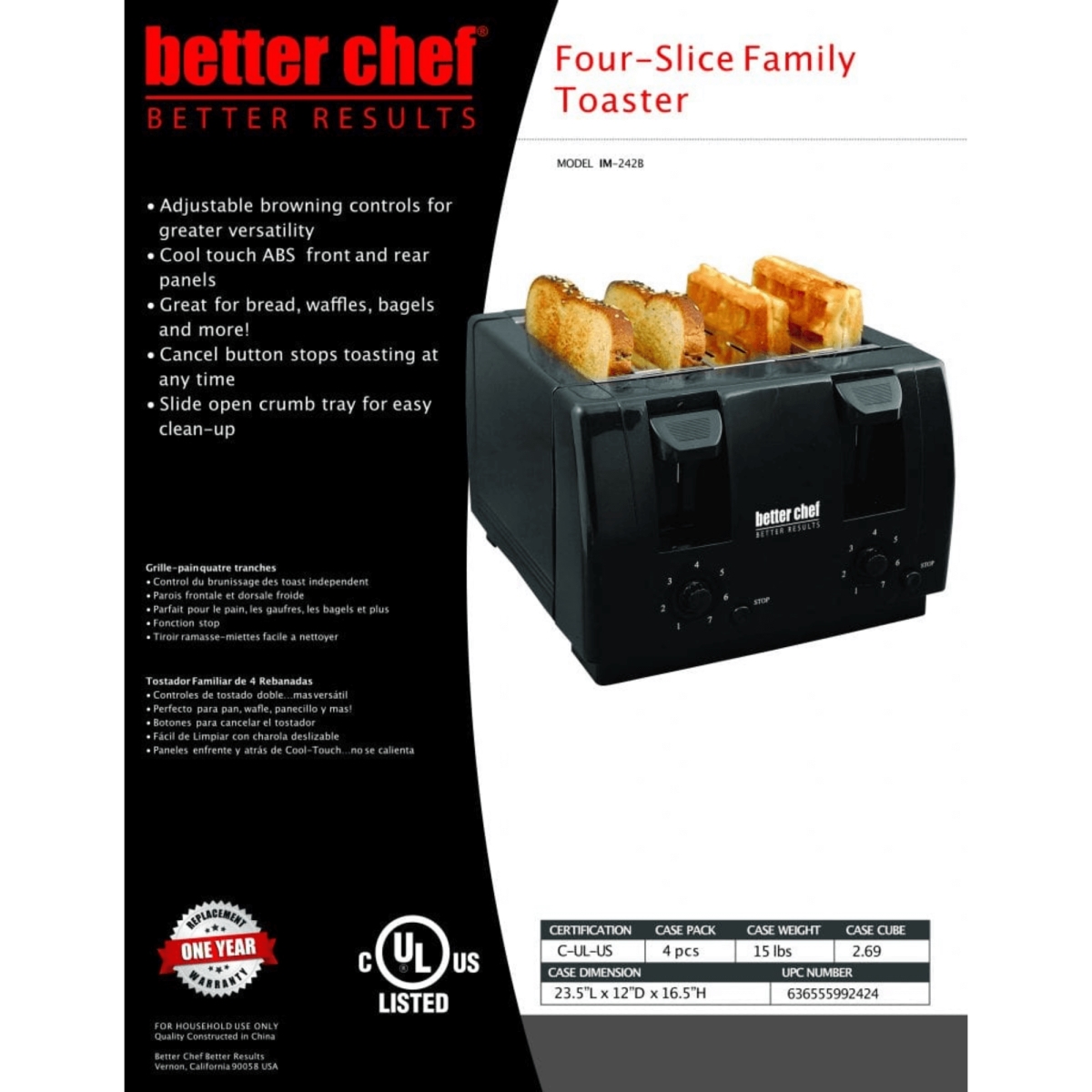 Picture of Better Chef IM-242B-4TOAST-CP Better Chef Wide Slot 4-Slice Dual Control Toaster - Black