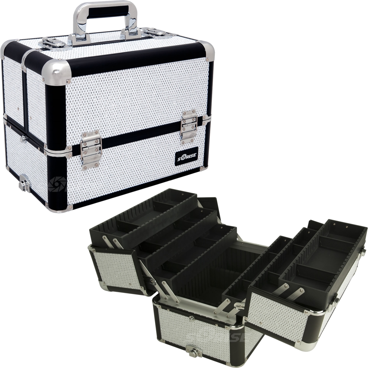 E3304klwb Interchangeable 6-tiers Extendable Tray Krystal Pattern Professional Aluminum Cosmetic Makeup Case With Dividers - White