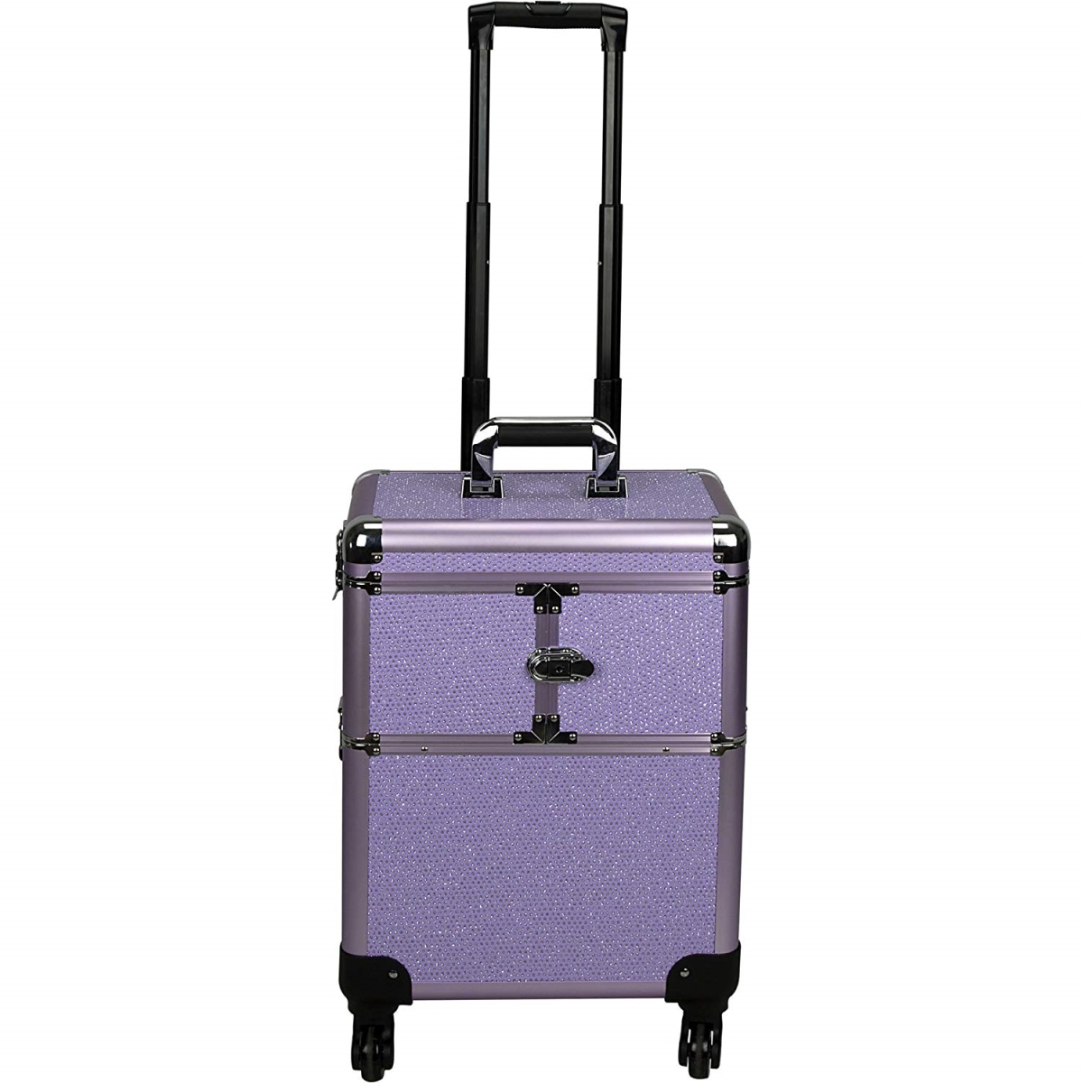 E6304klpl Purple Interchangeable 3-tiers Accordion Trays Krystal Pattern Professional Rolling Aluminum Cosmetic Makeup Case