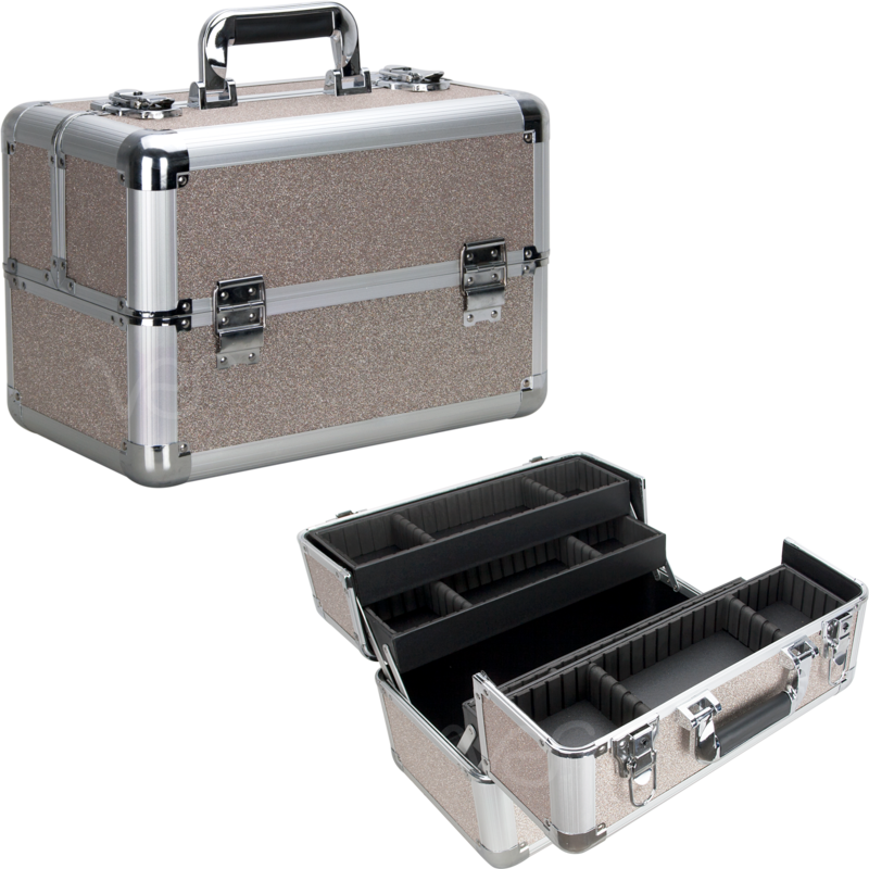 Vp006-510 Silver Beige Glitter 4 Extendable Trays Professional Cosmetic Makeup Case With Dividers