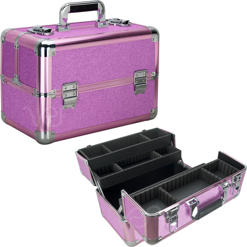 Vp006-59 Magenta Glitter 4 Extendable Trays Professional Cosmetic Makeup Case With Dividers