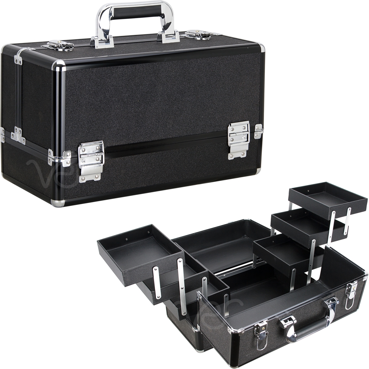 Vp001-51 Glitter 6-tiers Accordion Trays Professional Cosmetic Makeup Train Case - Black