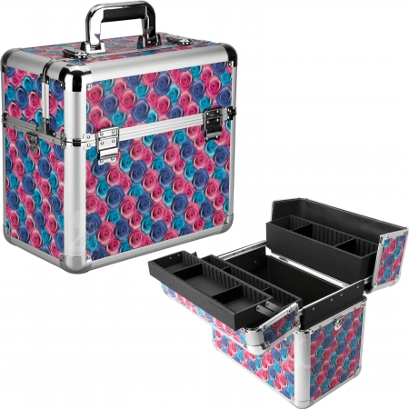 Pt4302rsrd Multi Color Floral Pattern Easy Slide Extendable Trays Professional Cosmetic Makeup Case With Dividers