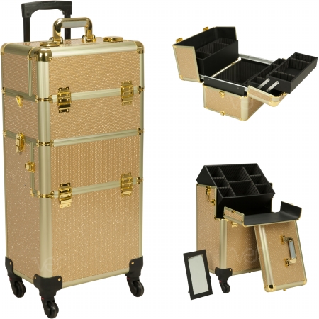 Vr6501klgl Gold Krystal Pattern 4-wheels Detachable Professional Rolling Aluminum Cosmetic Makeup Case & Easy-slide & Extendable Trays With Dividers