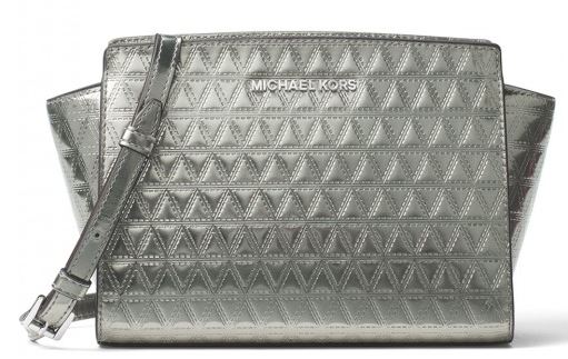 Selma Leather Triangle Quilted Medium Messenger Handbag, Metalic Grey