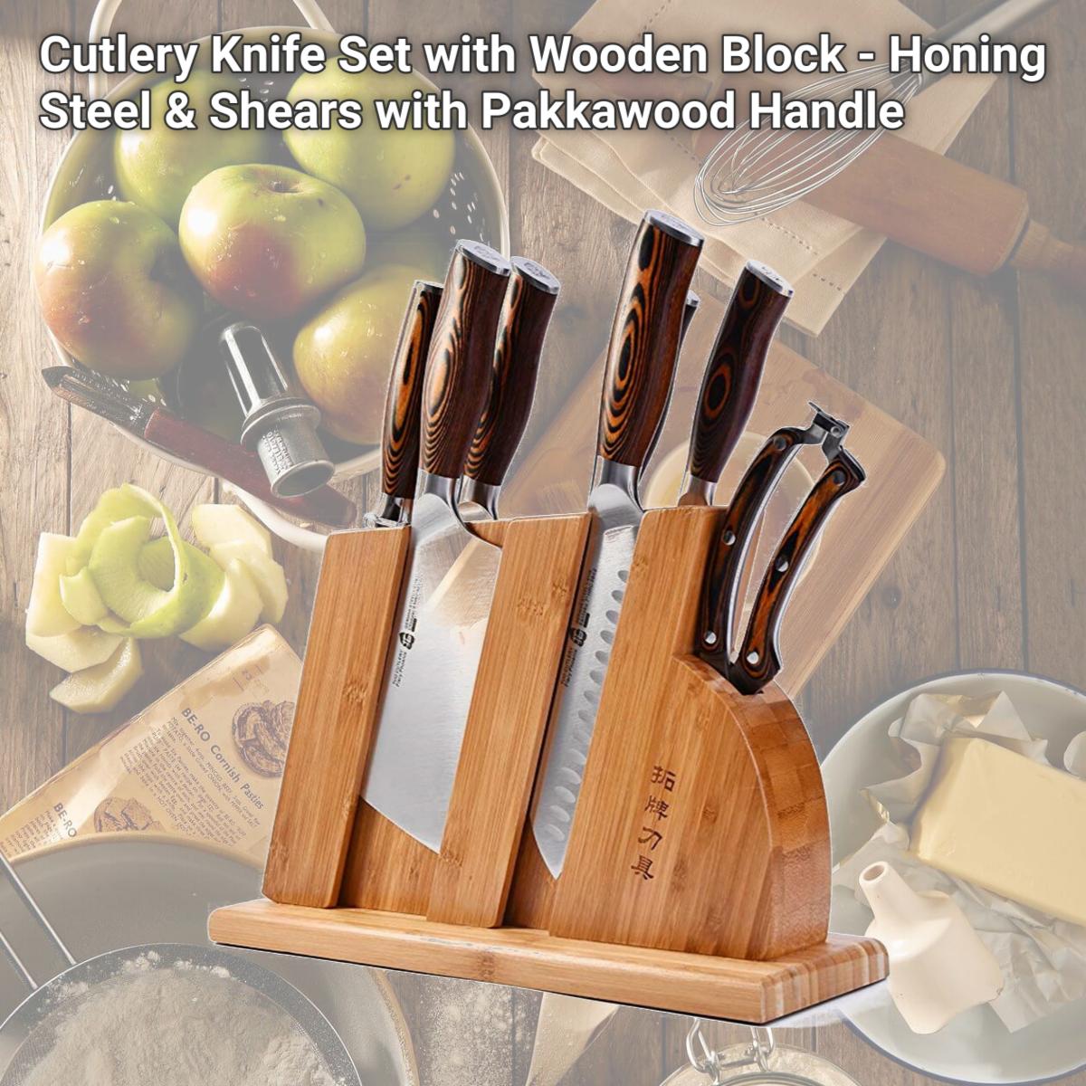 Picture of Tuo TC0710 Cutlery Knife Set with Wooden Block - Honing Steel & Shears with Pakkawood Handle