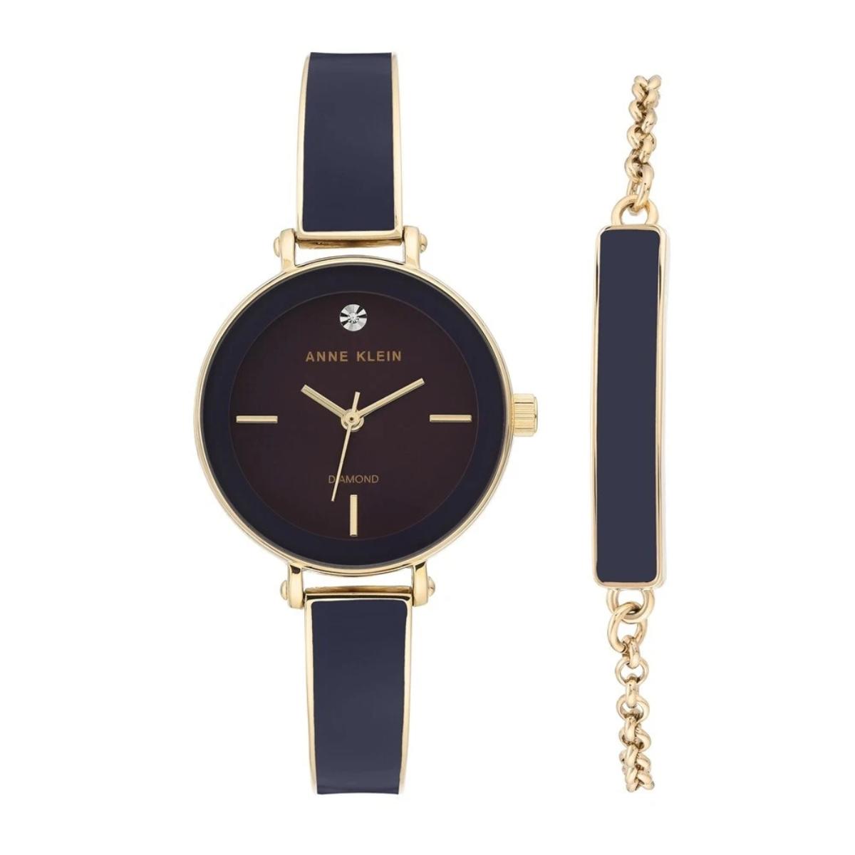 AK-3620PLST 10 mm Genuine Diamond Dial Bangle Watch with Bracelet Set, Plum Purple & Gold-Tone