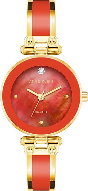 AK-1980RDGB 28 mm Metal Genuine Diamond Dial Bangle Ladies Watch, Red & Gold-Tone