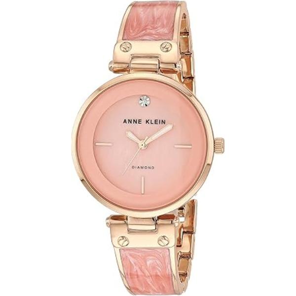 AK-2512LPRG 34 mm Genuine Diamond Dial Bangle Ladies Watch, Light Pink & Rose Gold-Tone