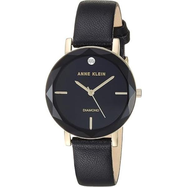 AK-3434BKBK 32 mm Genuine Diamond Dial Gold-Tone & Black Leather Strap Ladies Watch