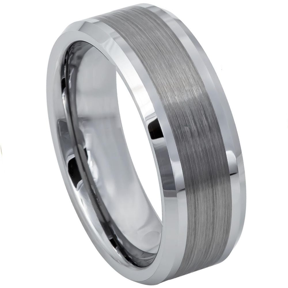 002tr-8mmx8.5 8 Mm Brushed Center Shiny Lines On Each Side Beveled Edge Tungsten Ring - Size 8.5