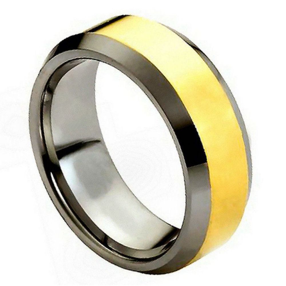 024tr-8mmx10.0 8 Mm Polished Shiny Gold Plated Center & Beveled Edge Tungsten Ring - Size 10