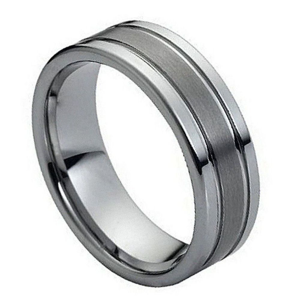 028tr-8mmx10.0 8 Mm Polished Shiny Double Grooved Brushed Center Tungsten Ring - Size 10