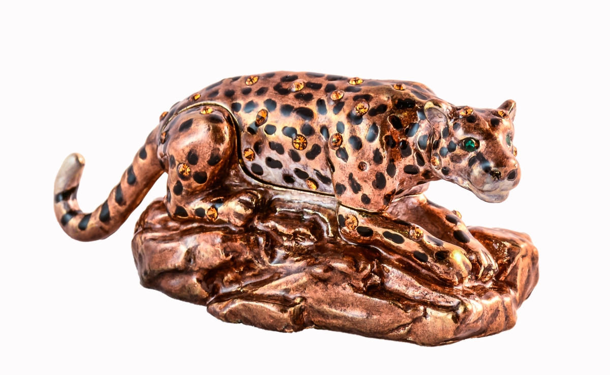 1010454b Leopard On Branch Gold Plating Trinket Box - Swarovski Crystals & Enamel