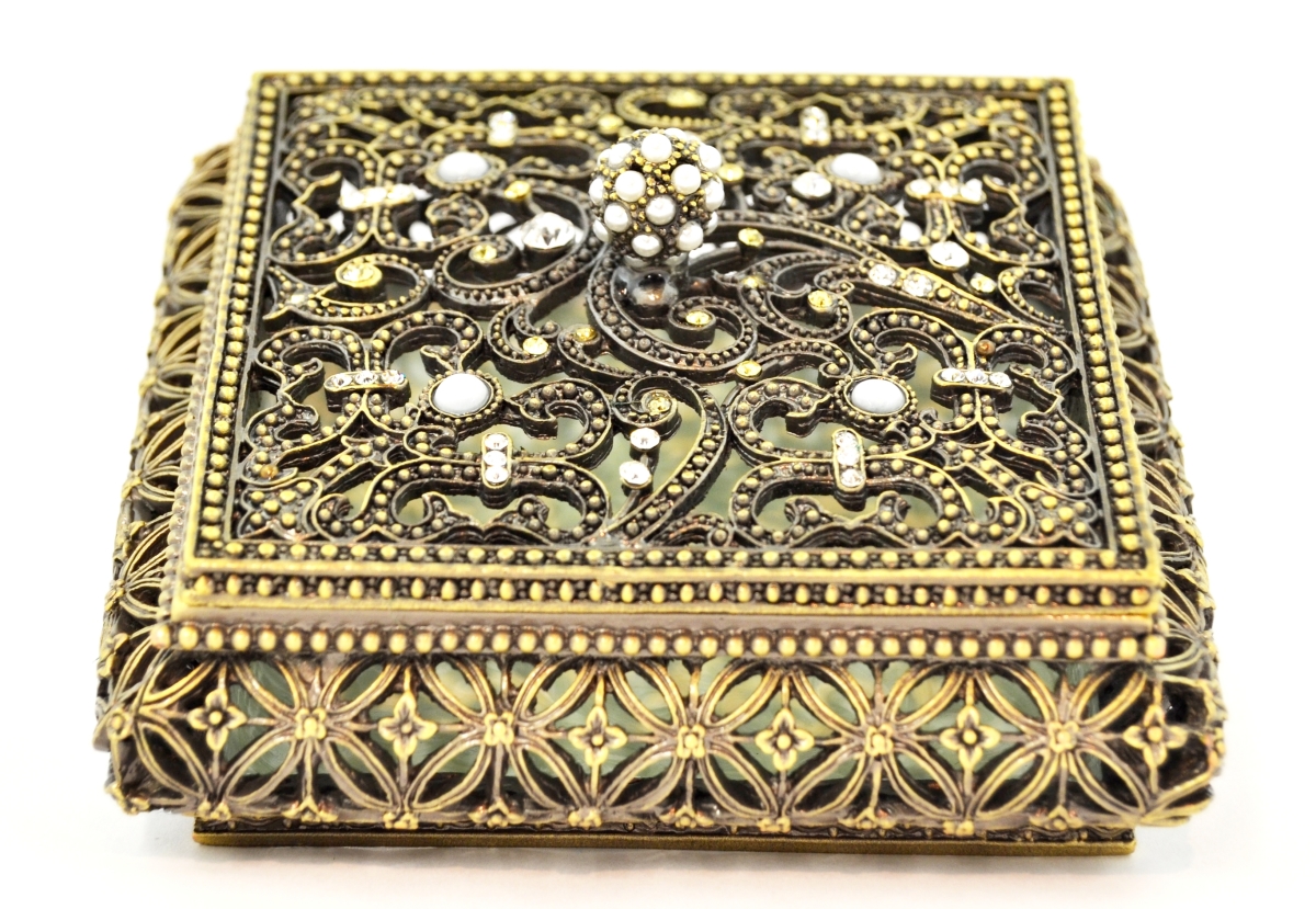 1012037a Big Ivana Jewelry Antique Brass Plating Trinket Box - Swarovski Crystals & Enamel