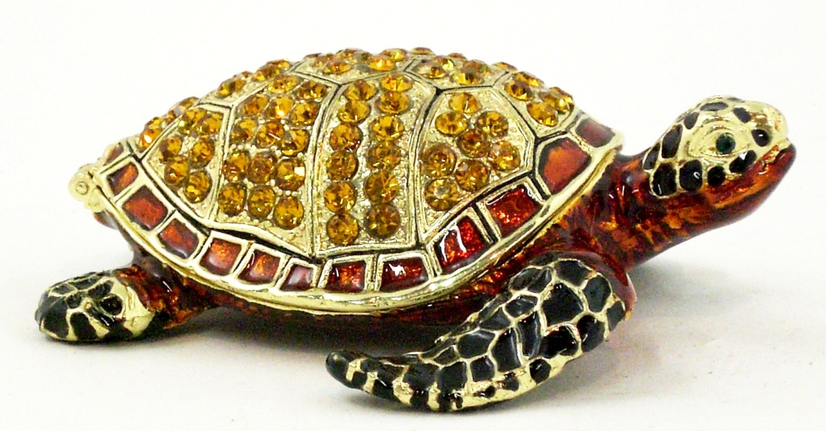 1013003 Jeweled Sea Turtle Gold Plating Trinket Box - Swarovski Crystals, Black & Brown Enamel