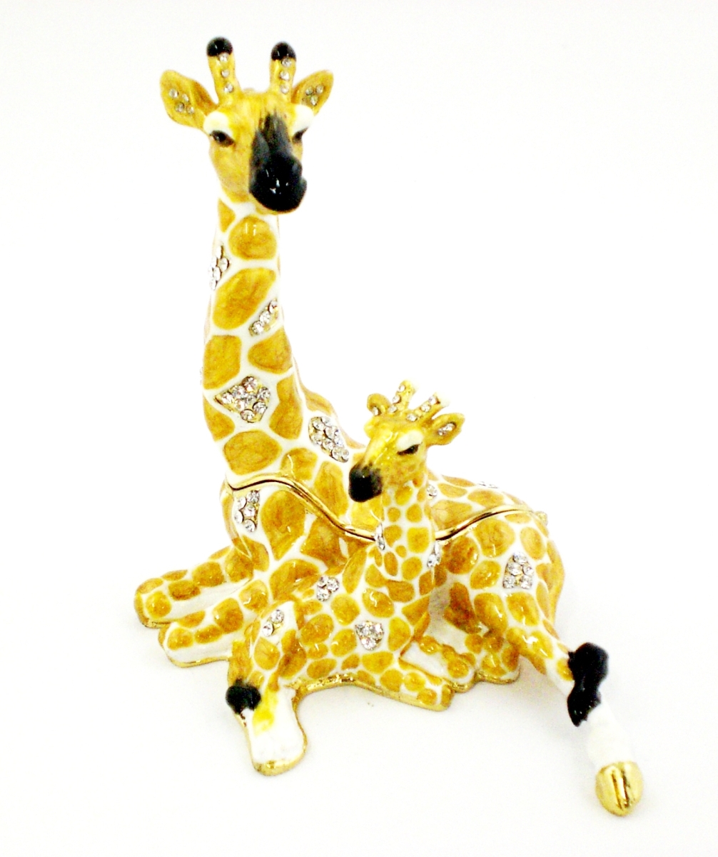 1013141 Sitting Giraffe With Baby Gold Plating Trinket Box - Swarovski Crystals & Brown Enamel