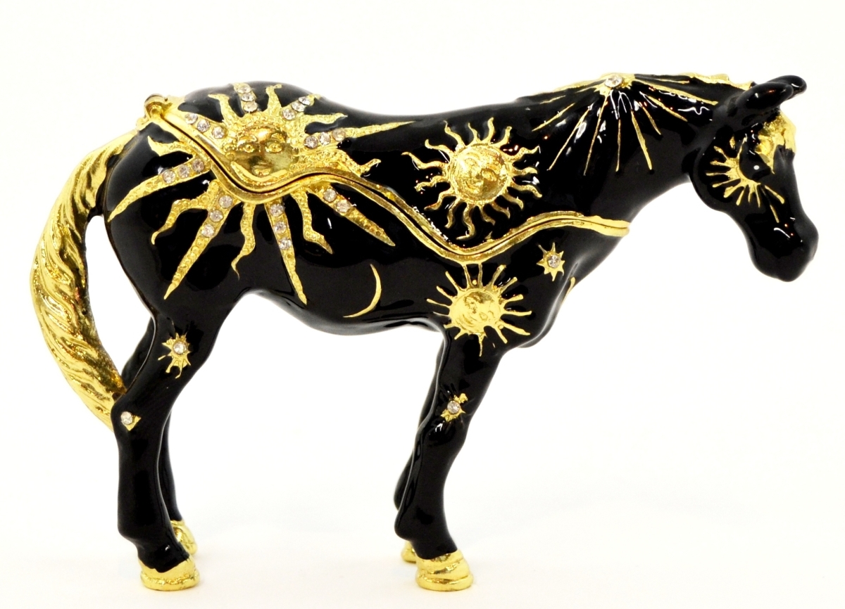 1013146 Western Horse Gold Plating Trinket Box - Swarovski Crystals & Black Enamel