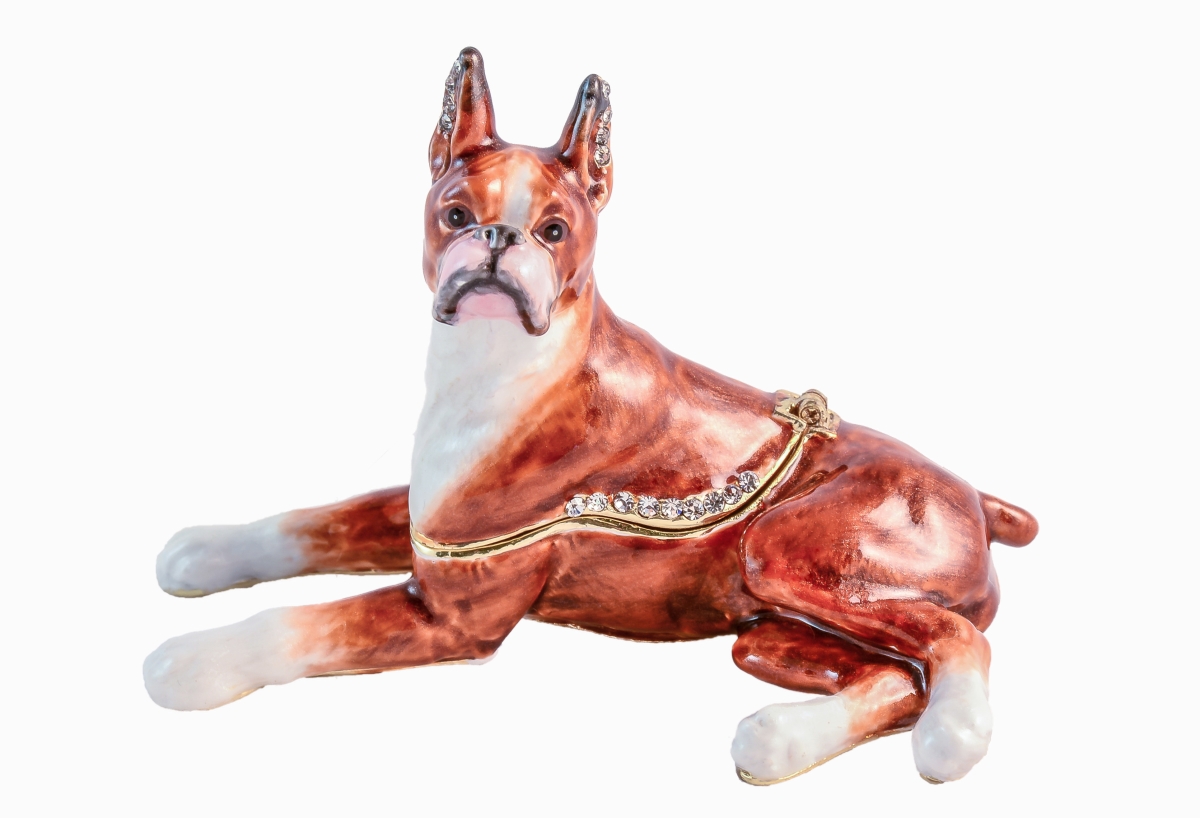 1013470 Sitting Boxer Dog Gold Plating Trinket Box - Swarovski Crystals & Enamel