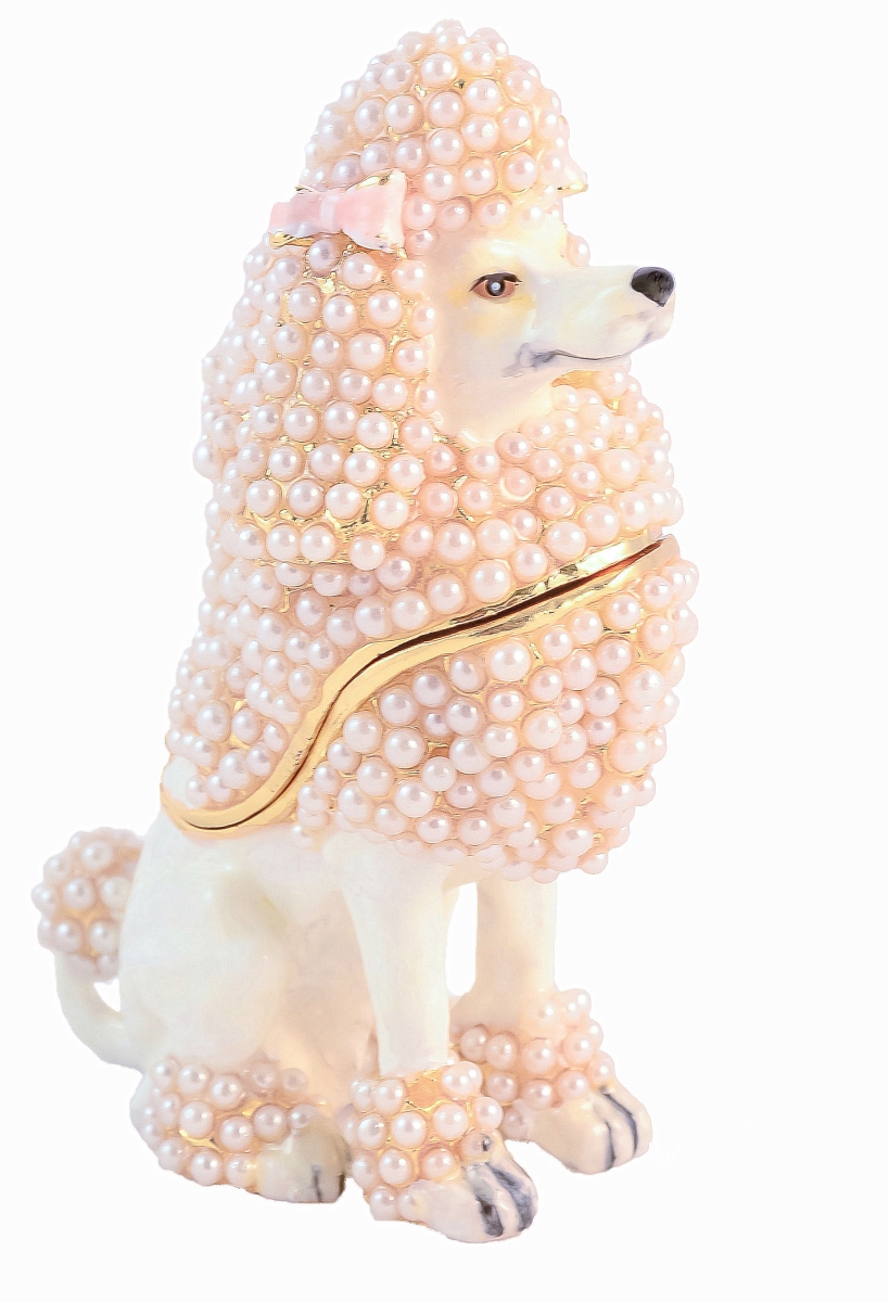 1013491b White Poodle Dog Gold Plating Trinket Box - Swarovski Crystals & Faux Pearls With Enamel