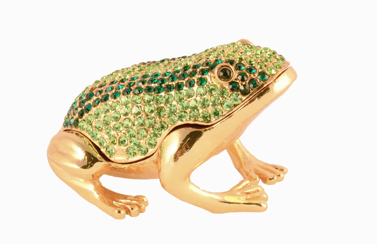 1013520a Bejeweled Frog Gold Plating Trinket Box - Green Swarovski Crystals & Enamel