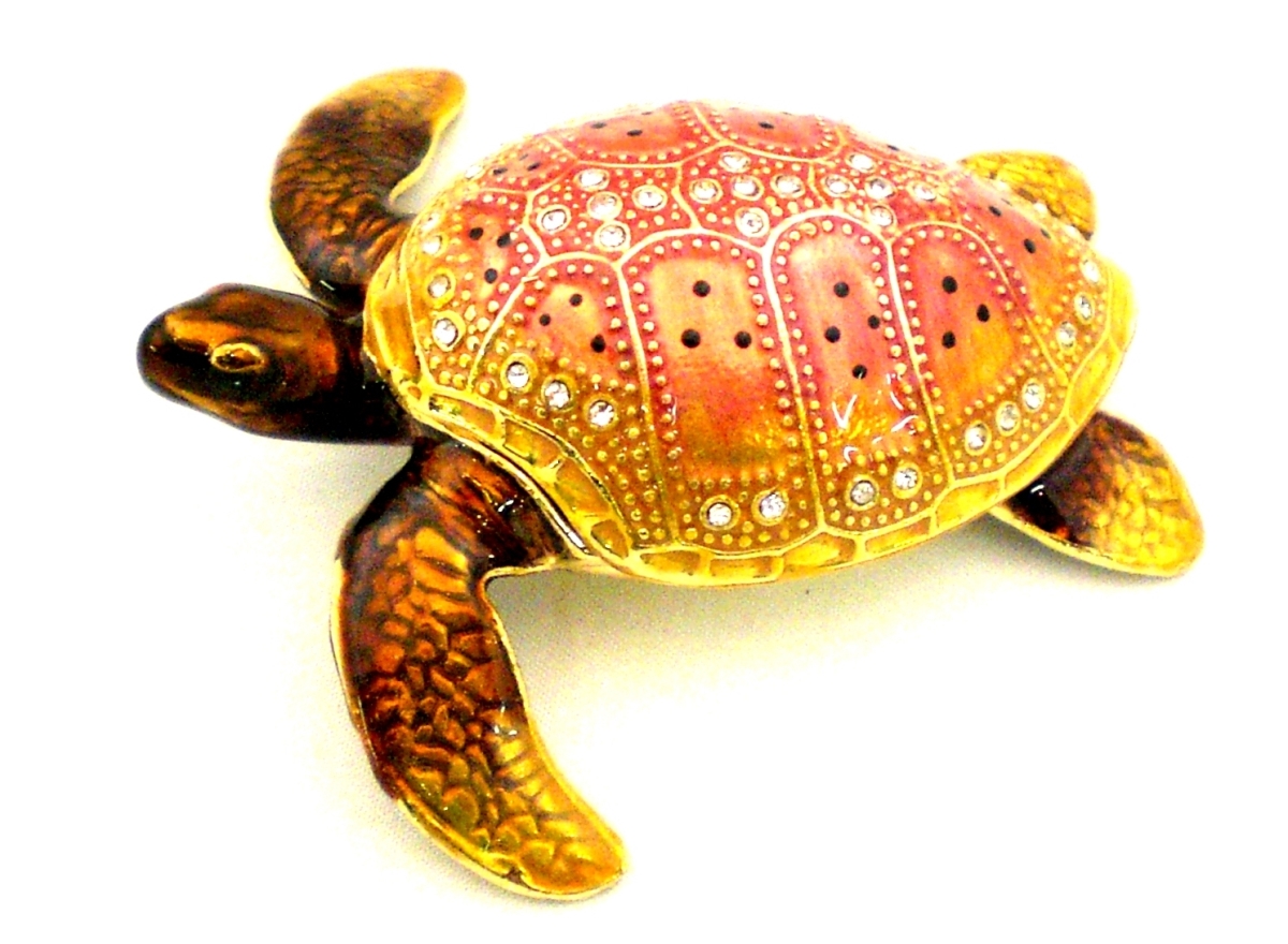 1014005 Jeweled Sea Turtle Gold Plating Trinket Box - Swarovski Crystals & Brown Enamel