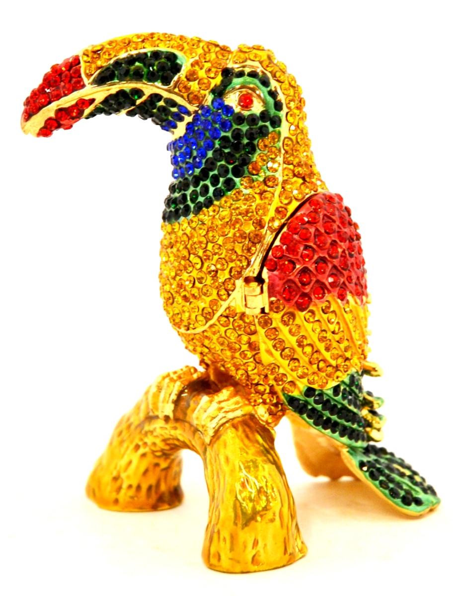 1012923c Colorful Toucan Bird Gold Plating Trinket Box - Swarovski Crystals & Enamel