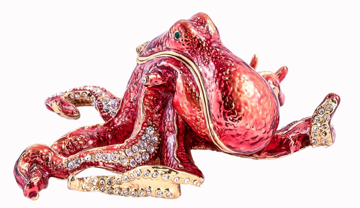 1014629b Red Octopus Gold Plating Trinket Box - Swarovski Crystals & Enamel