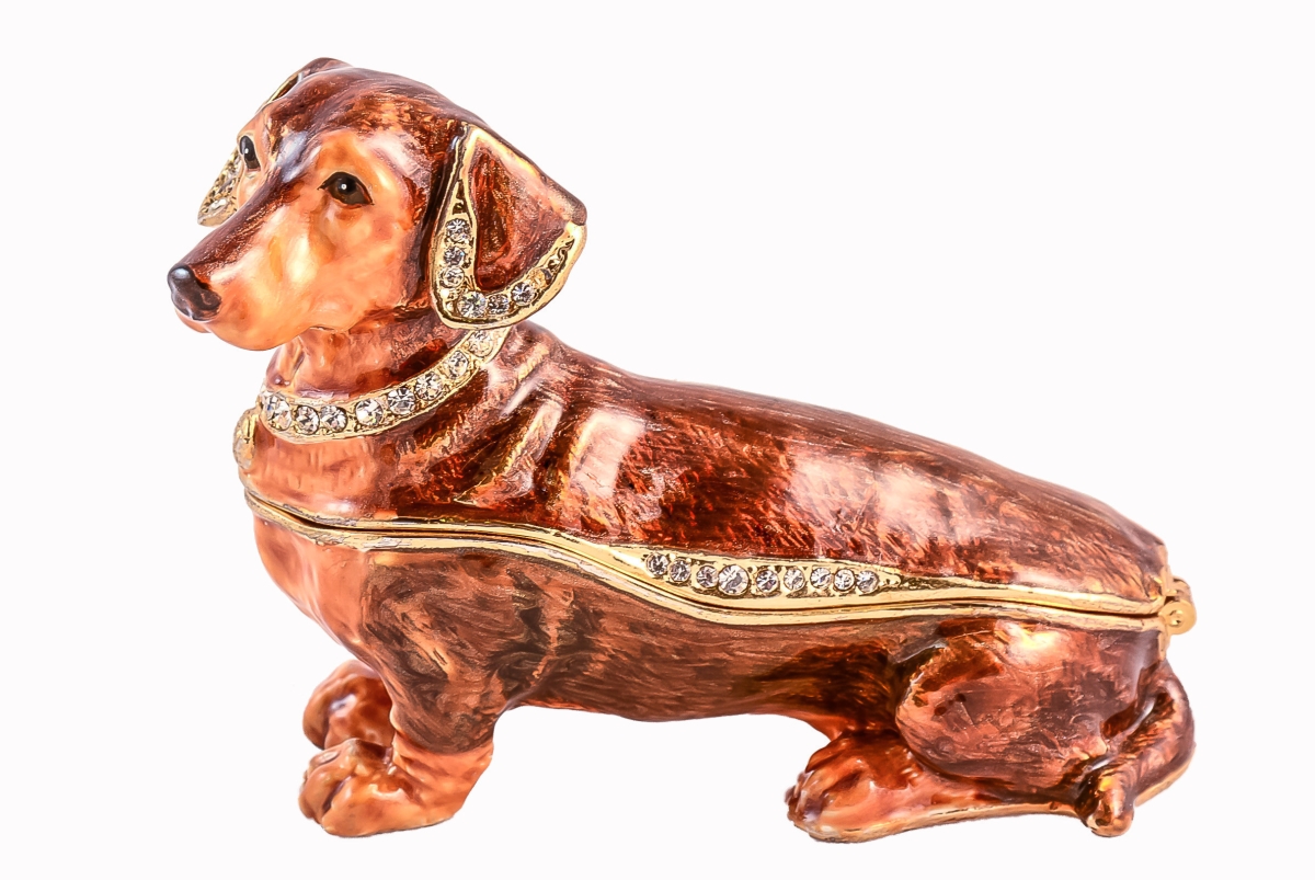 1014660a Dachshund Dog Gold Plating Trinket Box - Brown Enamel & Swarovski Crystals