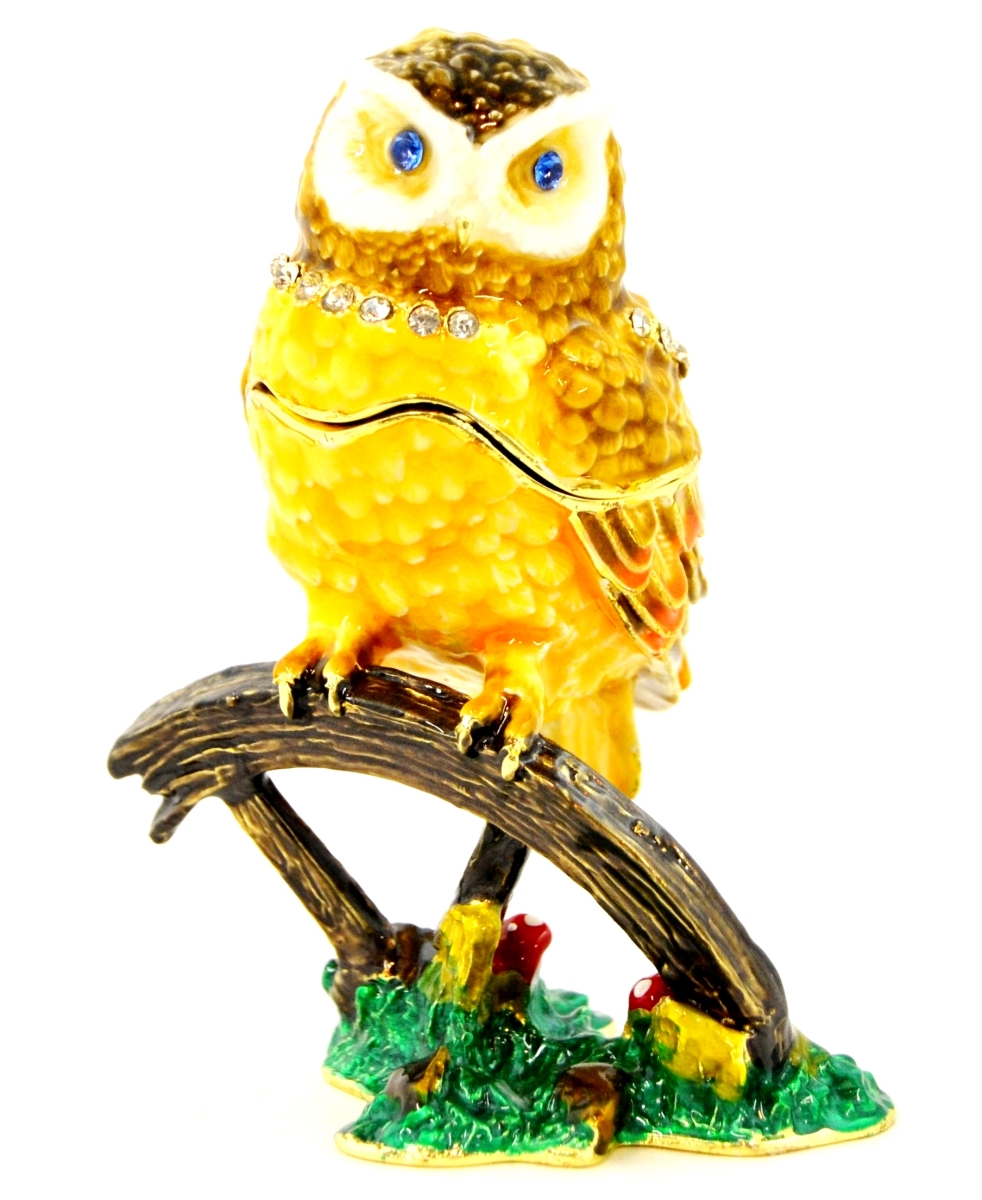 1131065 Owl On Branch Gold Plating Trinket Box - Swarovski Crystals & Enamel