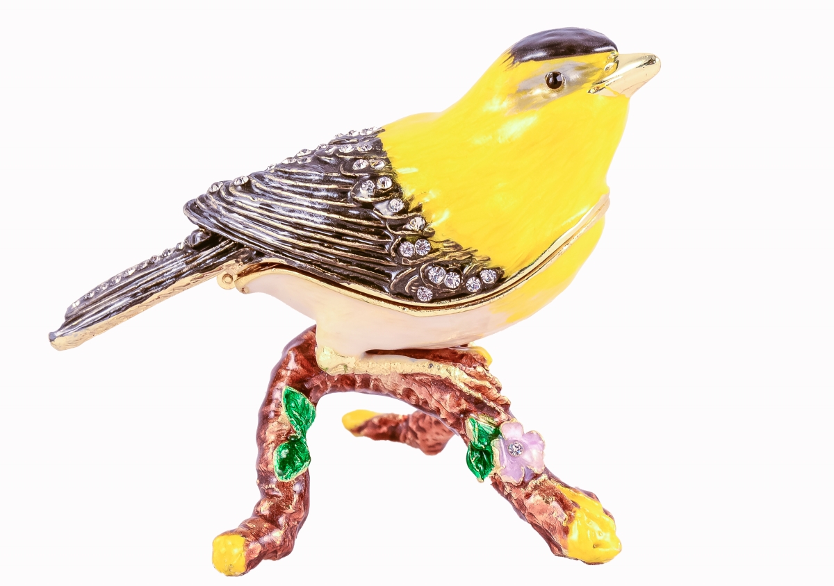 1131456 Goldfinch Bird On Branch Gold Plating Trinket Box - Swarovski Crystals & Enamel