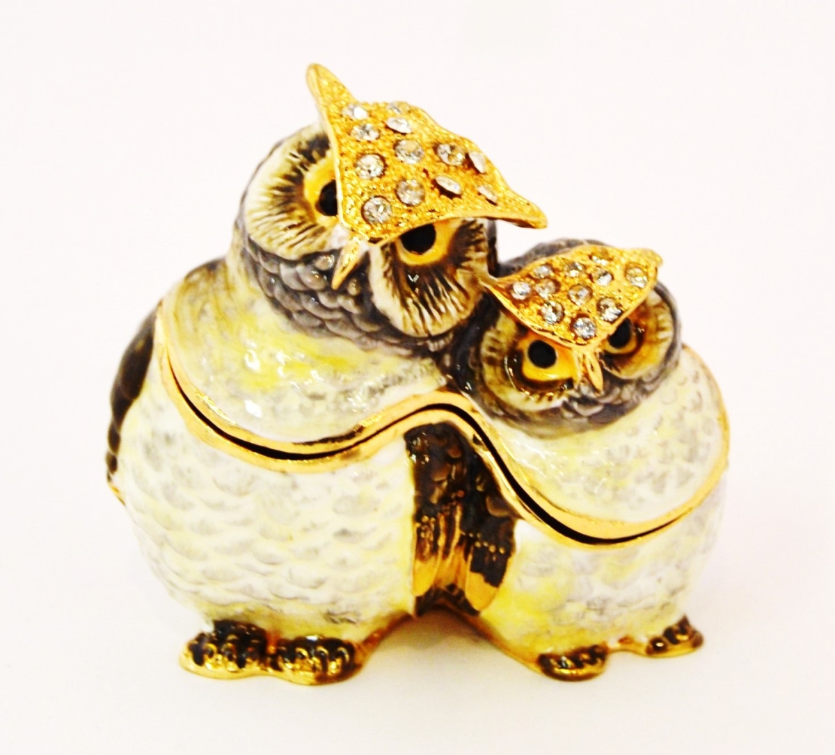 1013345a Two Owl Gold Plating Trinket Box - Swarovski Crystals & Enamel