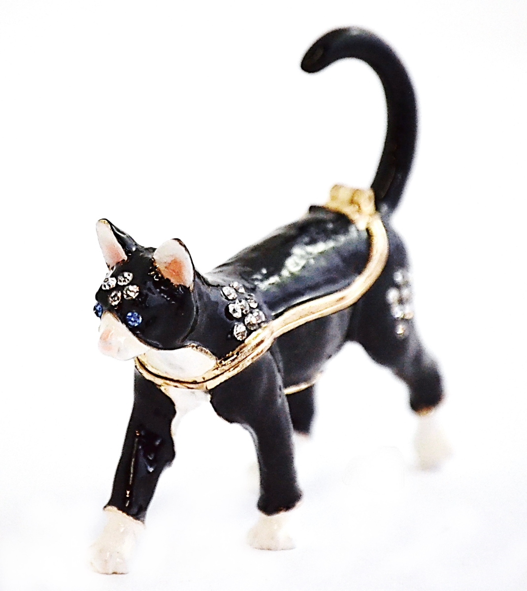 1013130 Small Cat Gold Plating Trinket Box - Black & White Enamel With Swarovski Crystals