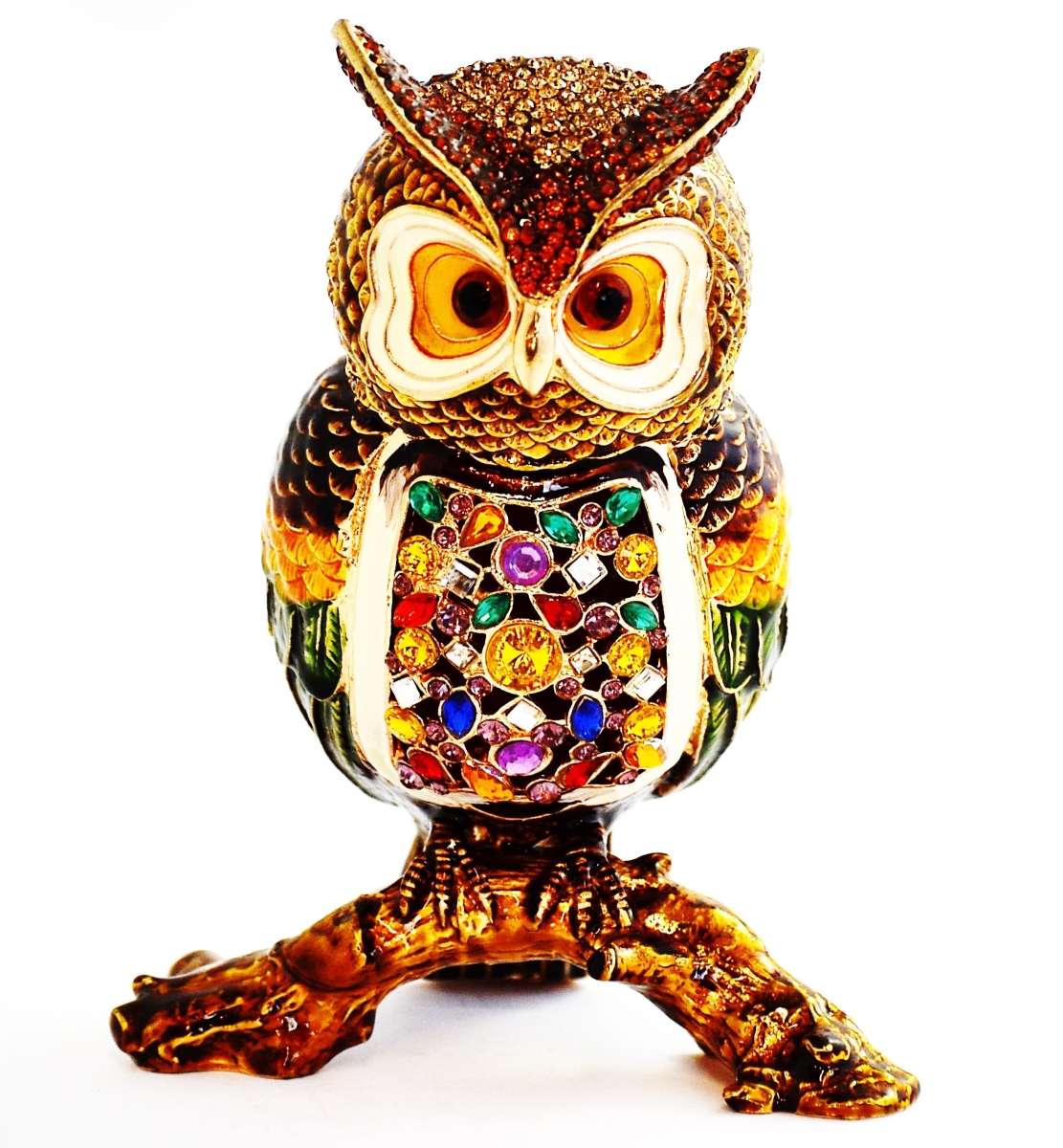 1013777 Big Owl On Branch Gold Plating Trinket Box - Swarovski Crystals & Enamel