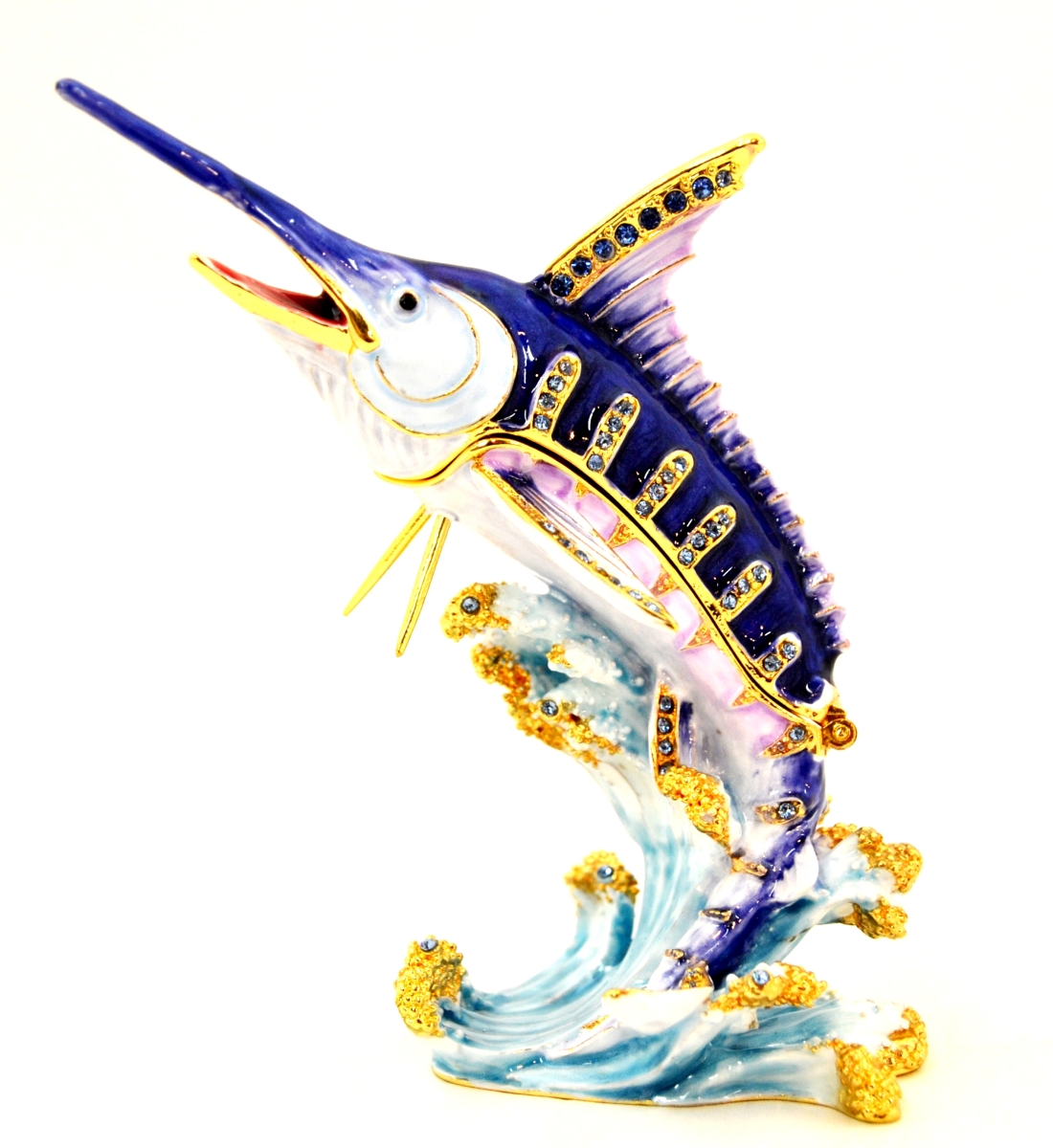 1040142 Bejeweled Marlin Fish Gold Plating Trinket Box - Swarovski Crystals & Enamel