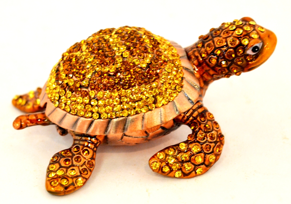 1131112a Bejeweled Sea Turtle Gold Plating Trinket Box - Swarovski Crystals & Enamel