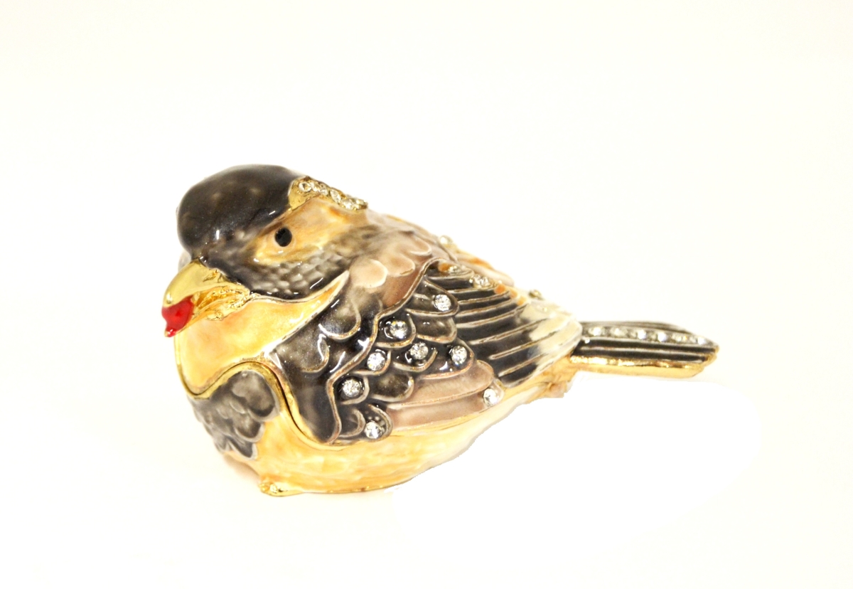 1131507a Bejeweled Sparrow Bird Gold Plating Trinket Box - Swarovski Crystals & Enamel