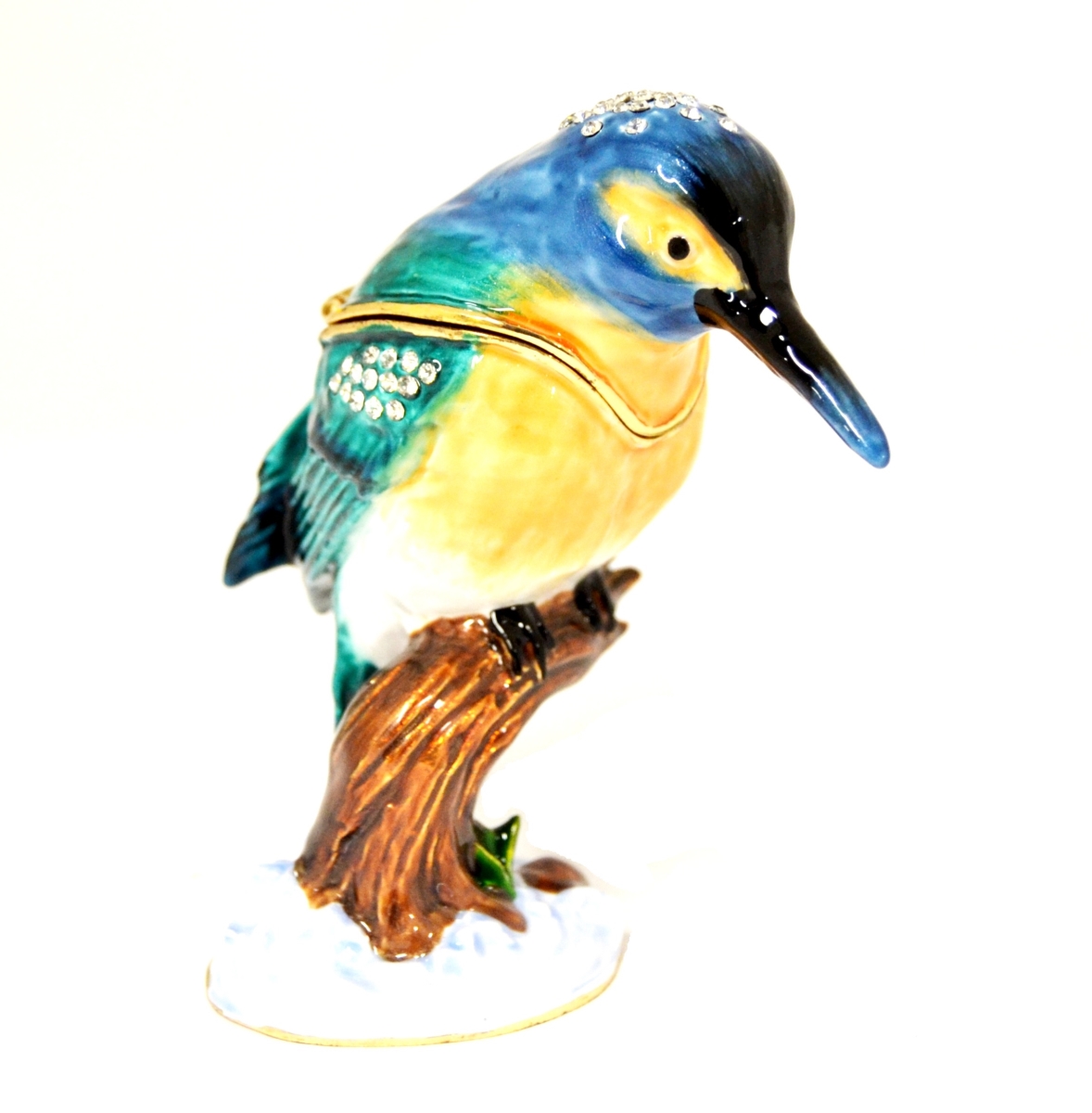 1013091 Kingfisher Bird On Branch Gold Plating Trinket Box - Swarovski Crystals & Colorful Enamel