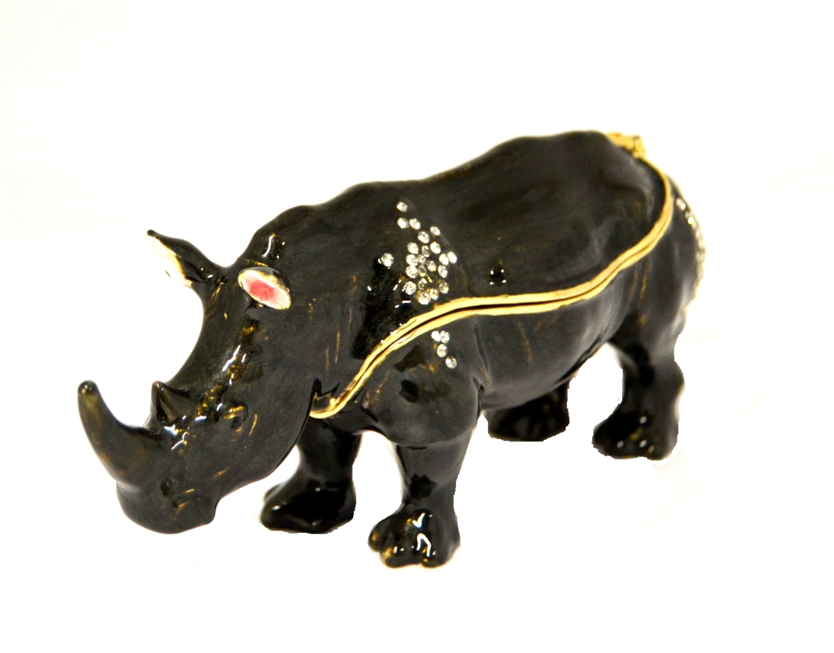 1013113 Black Rhinoceros Gold Plating Trinket Box - Black Enamel & Swarovski Crystals