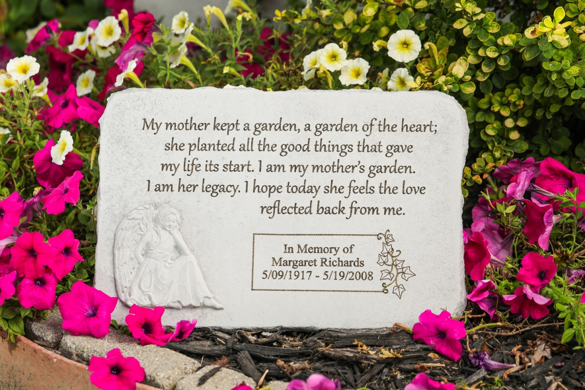44451 15.25 X 10.5 In. My Mother Kept A Garden Memorial In Rectangle With Sitting Angel Stone