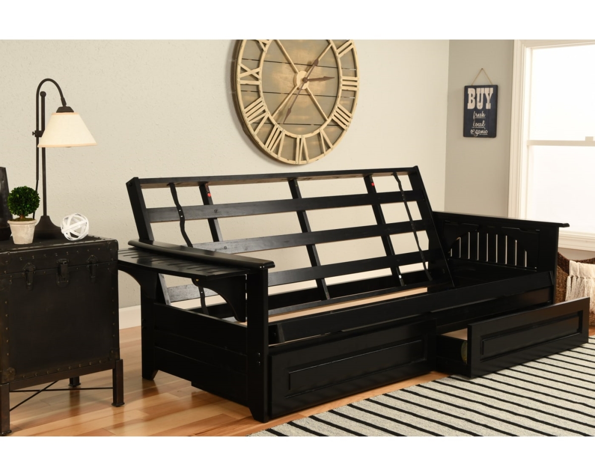 KFPHDBKPCABLF5MD4 Phoenix Black Futon Frame with Peters Cabin Mattress & Storage Drawers - Full Size